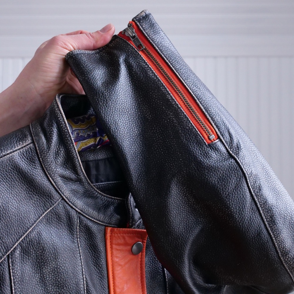 y2k Private Divisions orange and black cafe racer leather jacket - Picture 6 of 11